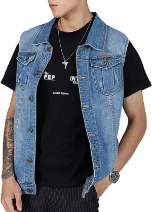 Kedera Men's Denim Vest Sleeveless Jean Vest Motorcycle Punk Black Blue Biker Plus Size Jacket