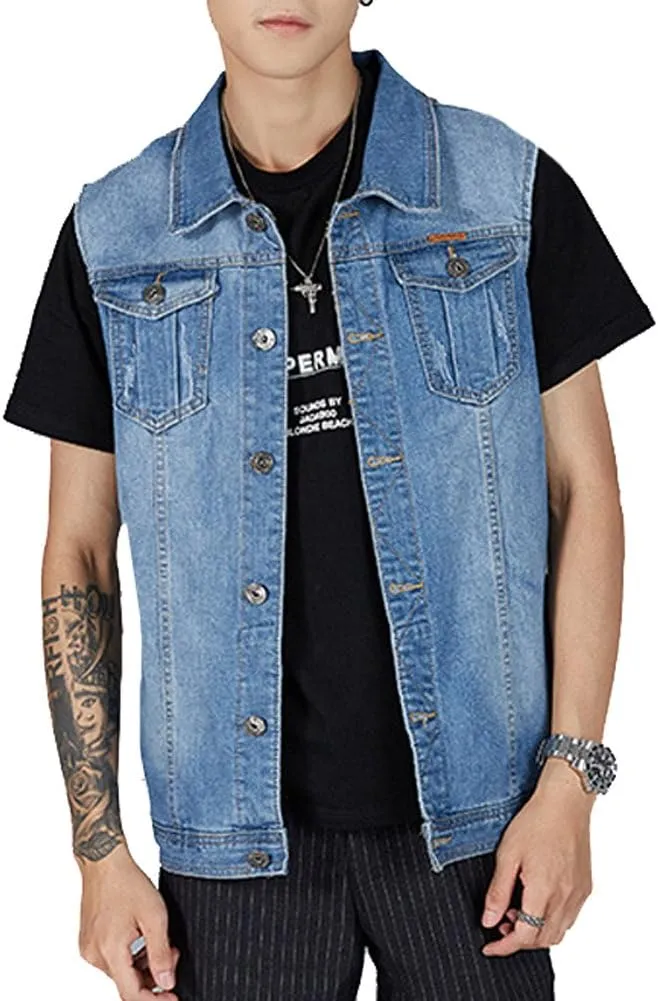 Kedera Men's Denim Vest Sleeveless Jean Vest Motorcycle Punk Black Blue Biker Plus Size Jacket