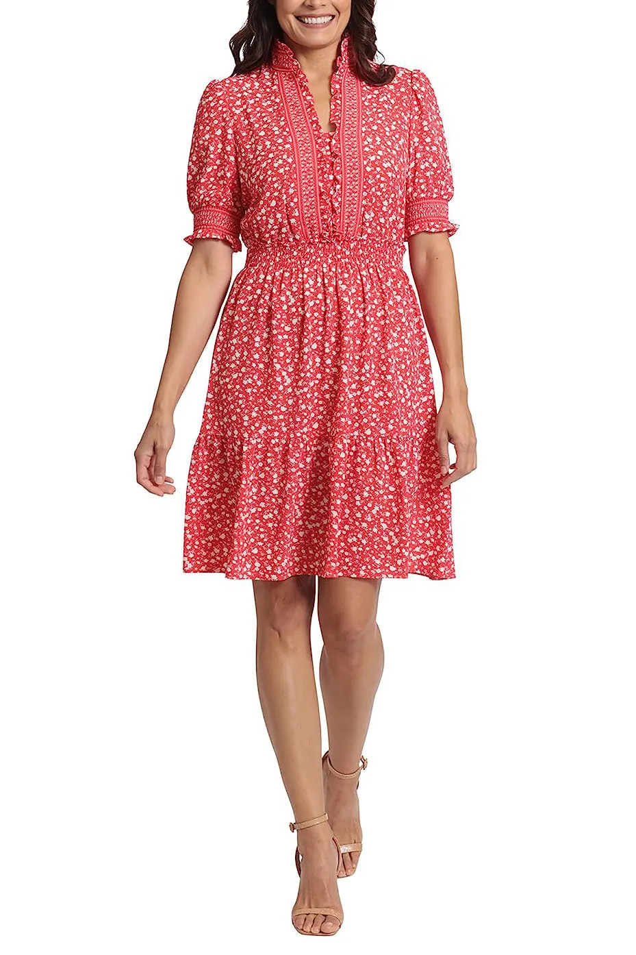London Times V-Neck Short Sleeve Ruffle Detail Smoking Waist Crepe Dress