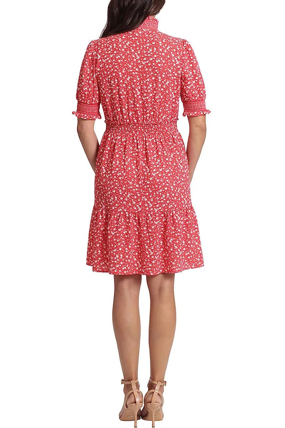 London Times V-Neck Short Sleeve Ruffle Detail Smoking Waist Crepe Dress