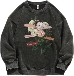 Mens Washed Sweatshirt Round Neck Pullover Vintage Printed Top