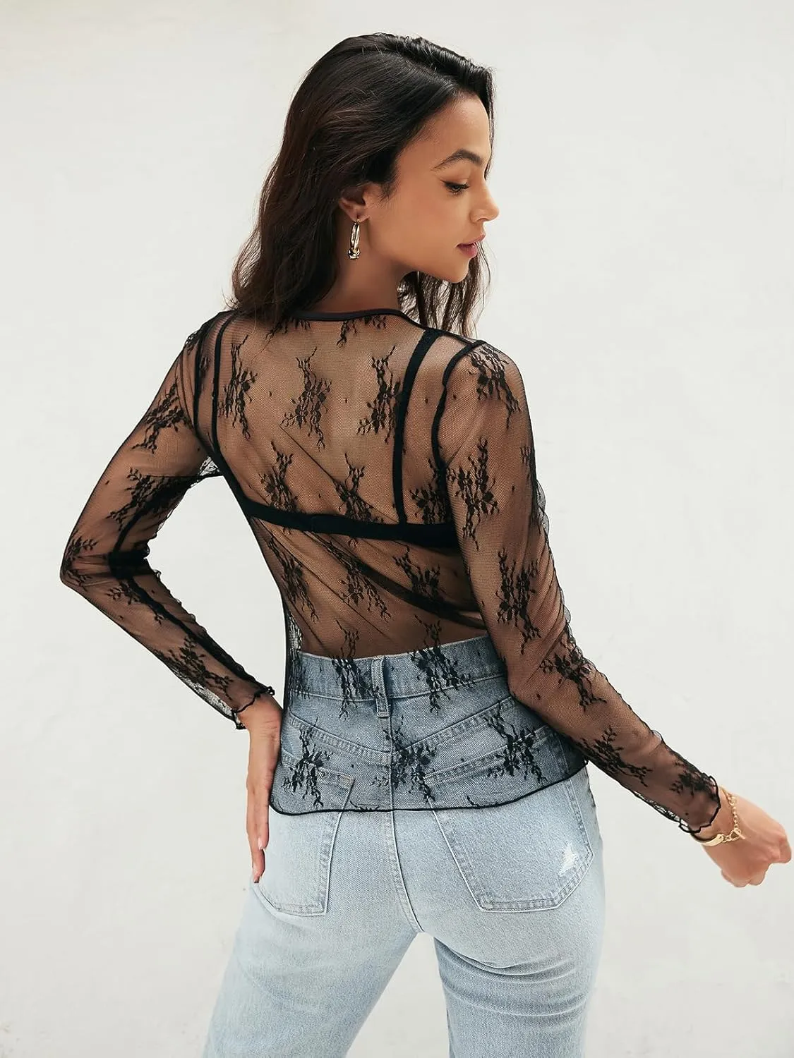 MEROKEETY Womens 2025 Spring Lace Sheer Mesh Top Crewneck Sexy Y2k See Through Going Out Long Sleeve Blouse Shirts