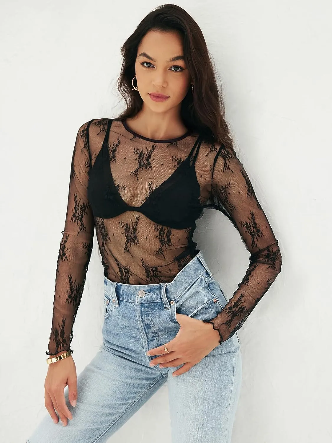 MEROKEETY Womens 2025 Spring Lace Sheer Mesh Top Crewneck Sexy Y2k See Through Going Out Long Sleeve Blouse Shirts