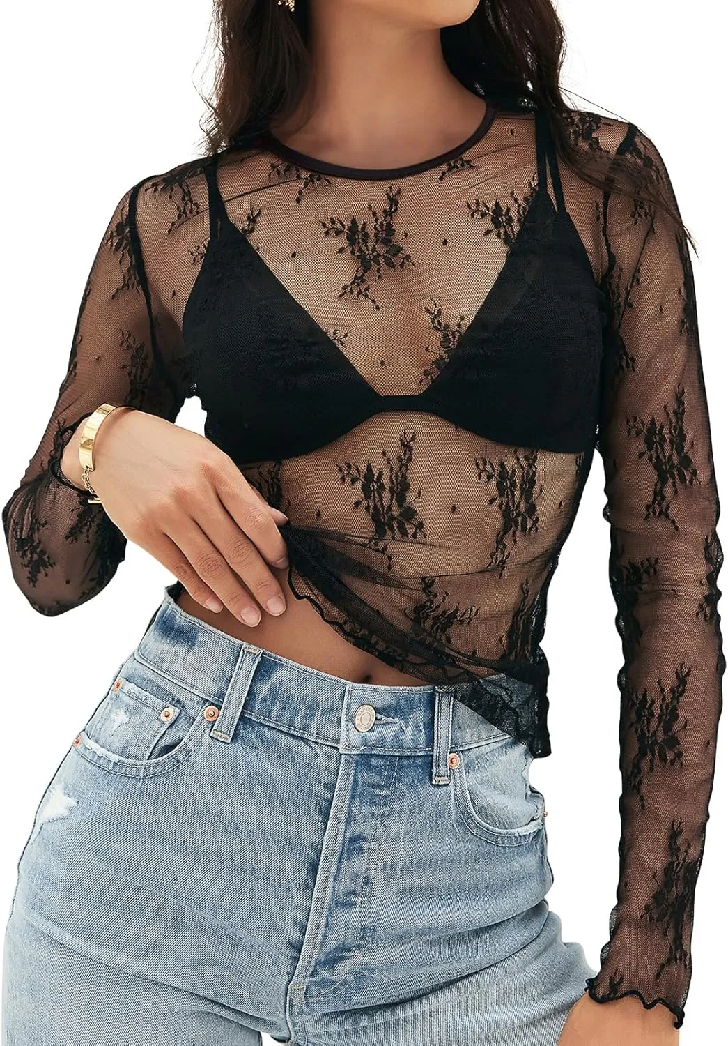 MEROKEETY Womens 2025 Spring Lace Sheer Mesh Top Crewneck Sexy Y2k See Through Going Out Long Sleeve Blouse Shirts