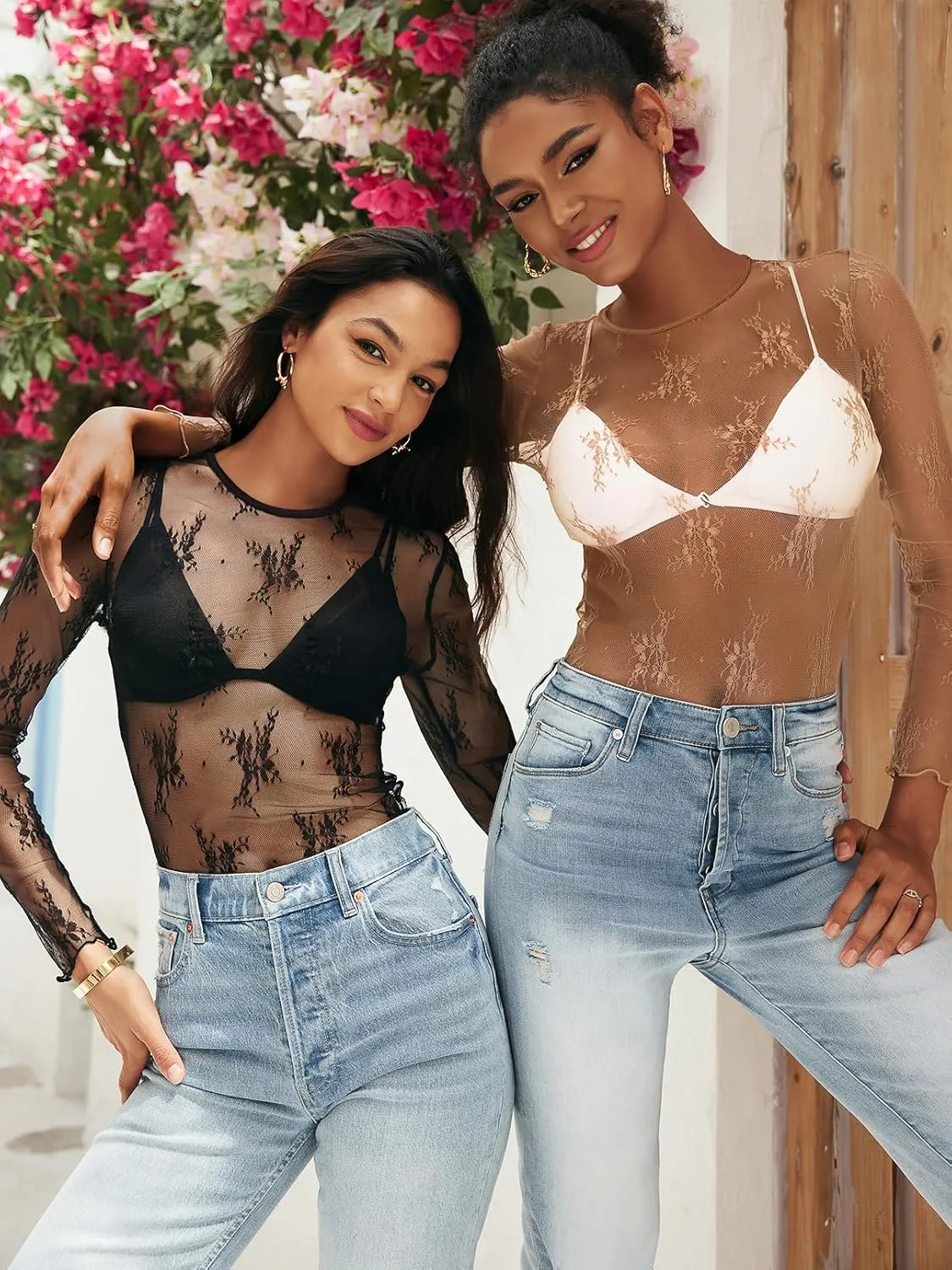 MEROKEETY Womens 2025 Spring Lace Sheer Mesh Top Crewneck Sexy Y2k See Through Going Out Long Sleeve Blouse Shirts