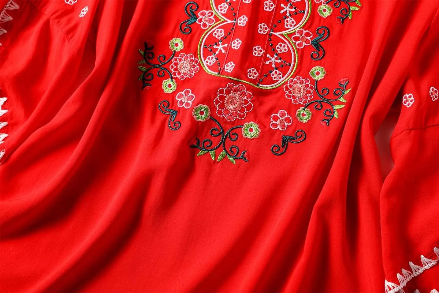 Mexican Shirts Peasant Blouses Cotton Embroidered 3/4 Sleeve Bohemian Tops Boho Clothes for Women Summer Fiesta