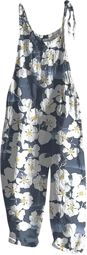 Plus Size Overalls for Women 2025 Summer Boho Floral Jumpsuit,Sleeveless Spaghetti Strap Wide Leg Romper with Pockets