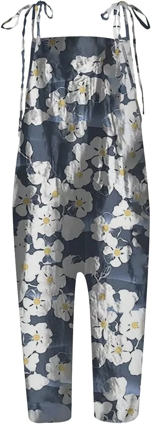 Plus Size Overalls for Women 2025 Summer Boho Floral Jumpsuit,Sleeveless Spaghetti Strap Wide Leg Romper with Pockets