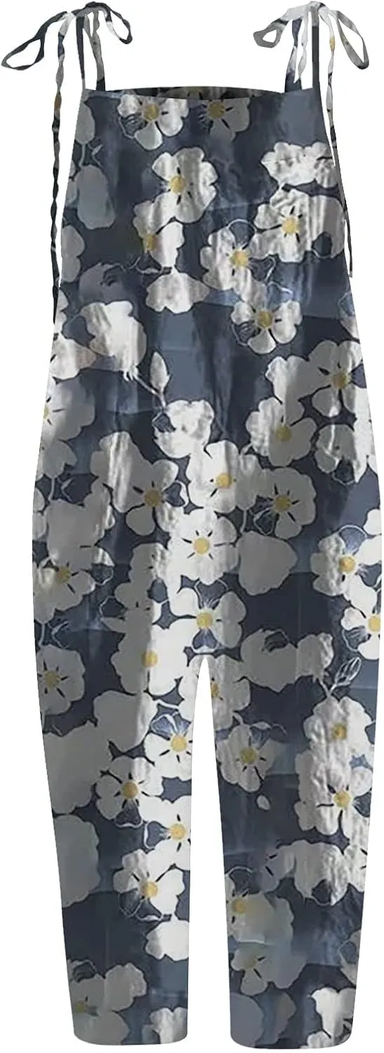 Plus Size Overalls for Women 2025 Summer Boho Floral Jumpsuit,Sleeveless Spaghetti Strap Wide Leg Romper with Pockets