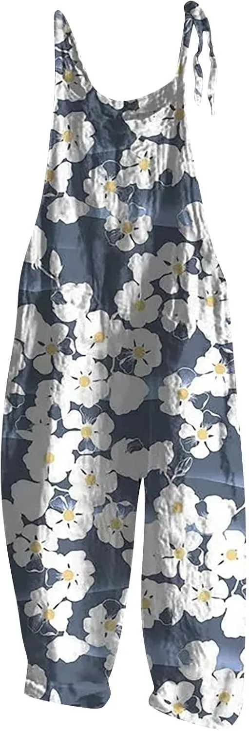 Plus Size Overalls for Women 2025 Summer Boho Floral Jumpsuit,Sleeveless Spaghetti Strap Wide Leg Romper with Pockets