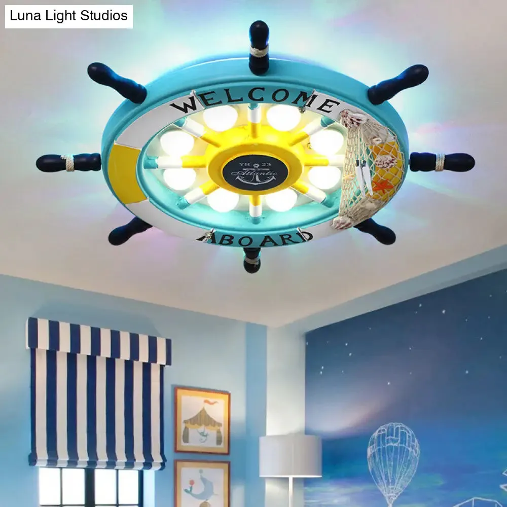 Rudder Kids Room LED Flush Mount Ceiling Light - Wooden 8 Heads, Mediterranean Design