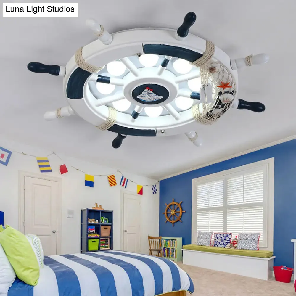 Rudder Kids Room LED Flush Mount Ceiling Light - Wooden 8 Heads, Mediterranean Design