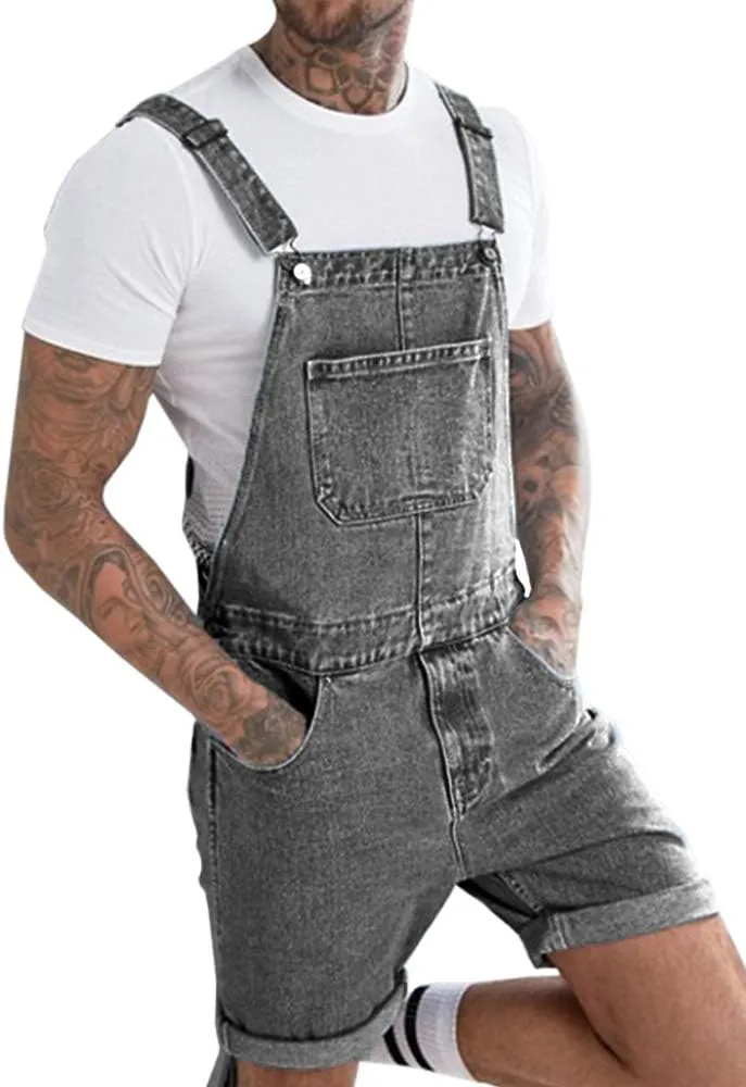 Runcati Mens Denim Shorts Bib Overall Jean Romper Casual Loose Fit Walkshort Button Pockets Summer Jumpersuit
