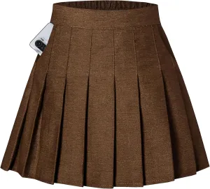 SANGTREE Denim Brown Pockets Pleated Women Skirt, Girl Stretch Mini Jean Plus Size Skirt, Elastic High Waist Summer Casual Short Solid Skirt, Denim Brown, US 3XL