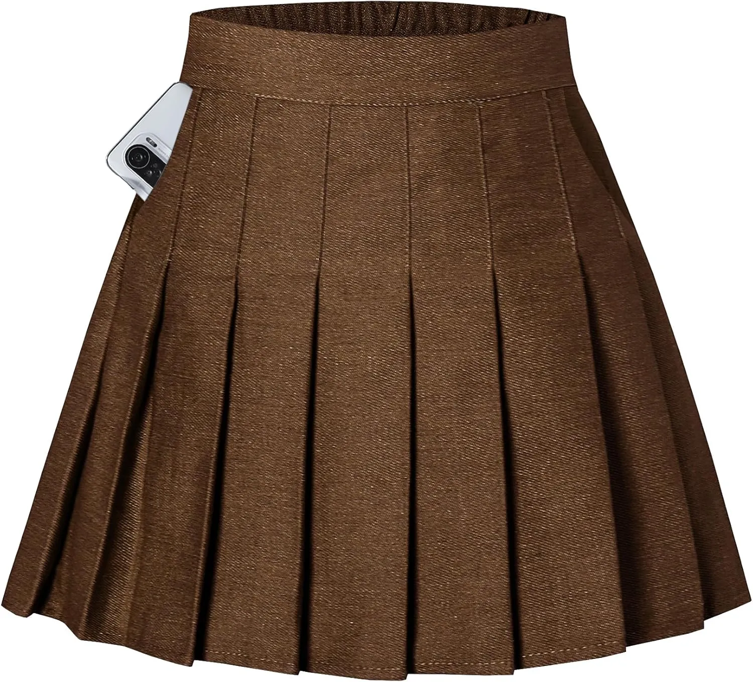 SANGTREE Denim Brown Pockets Pleated Women Skirt, Girl Stretch Mini Jean Plus Size Skirt, Elastic High Waist Summer Casual Short Solid Skirt, Denim Brown, US 3XL