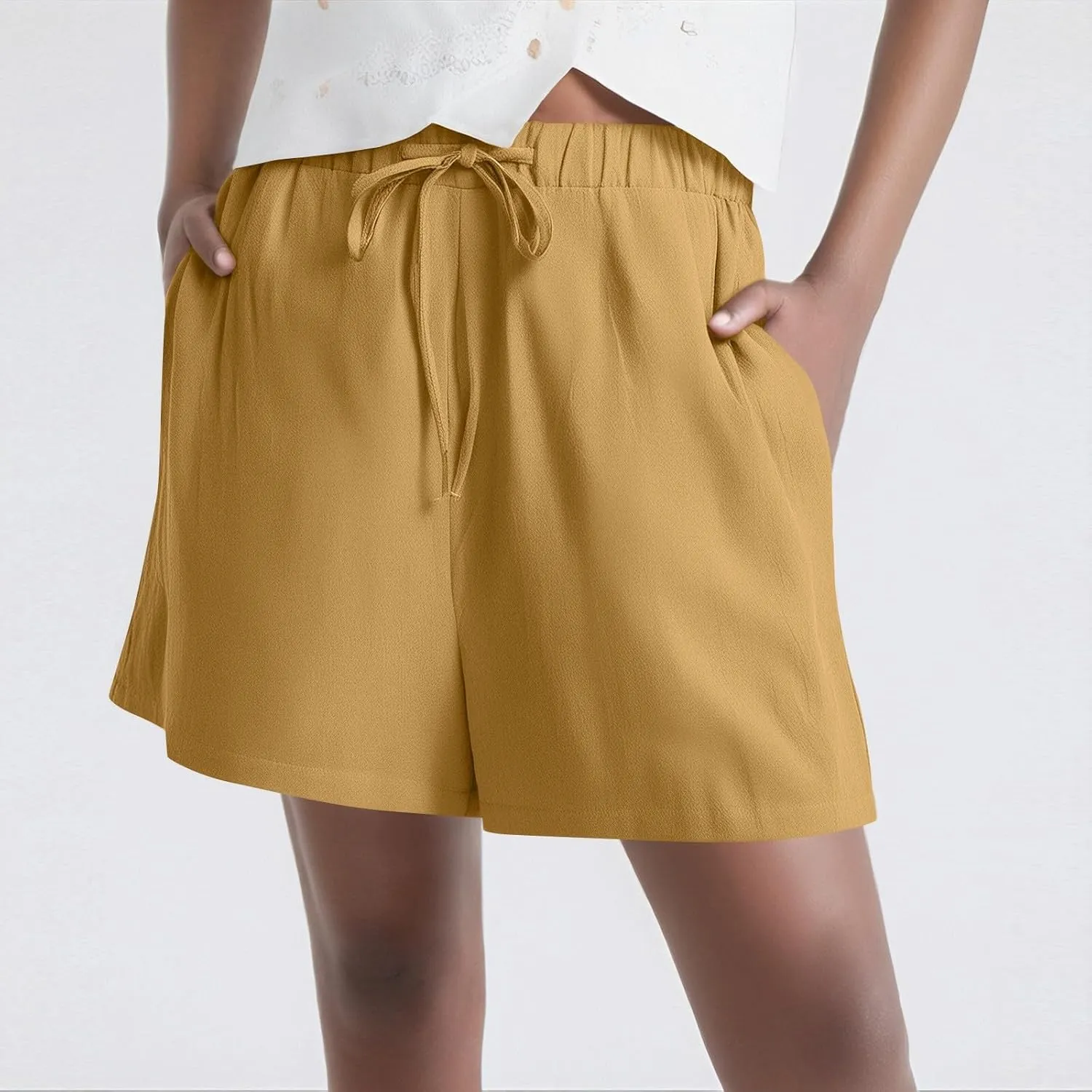 Summer Shorts for Women 2025 Vacation High Rise Linen Shorts Beach Flowy Elastic Pocket Solid Dressy Casual Pants 2025