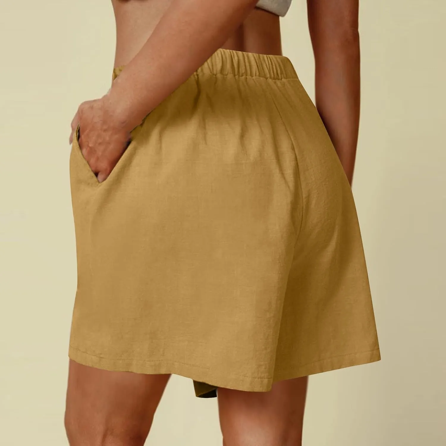 Summer Shorts for Women 2025 Vacation High Rise Linen Shorts Beach Flowy Elastic Pocket Solid Dressy Casual Pants 2025