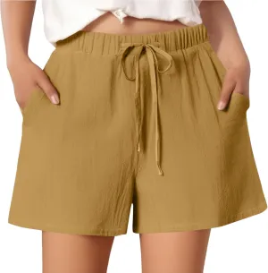 Summer Shorts for Women 2025 Vacation High Rise Linen Shorts Beach Flowy Elastic Pocket Solid Dressy Casual Pants 2025