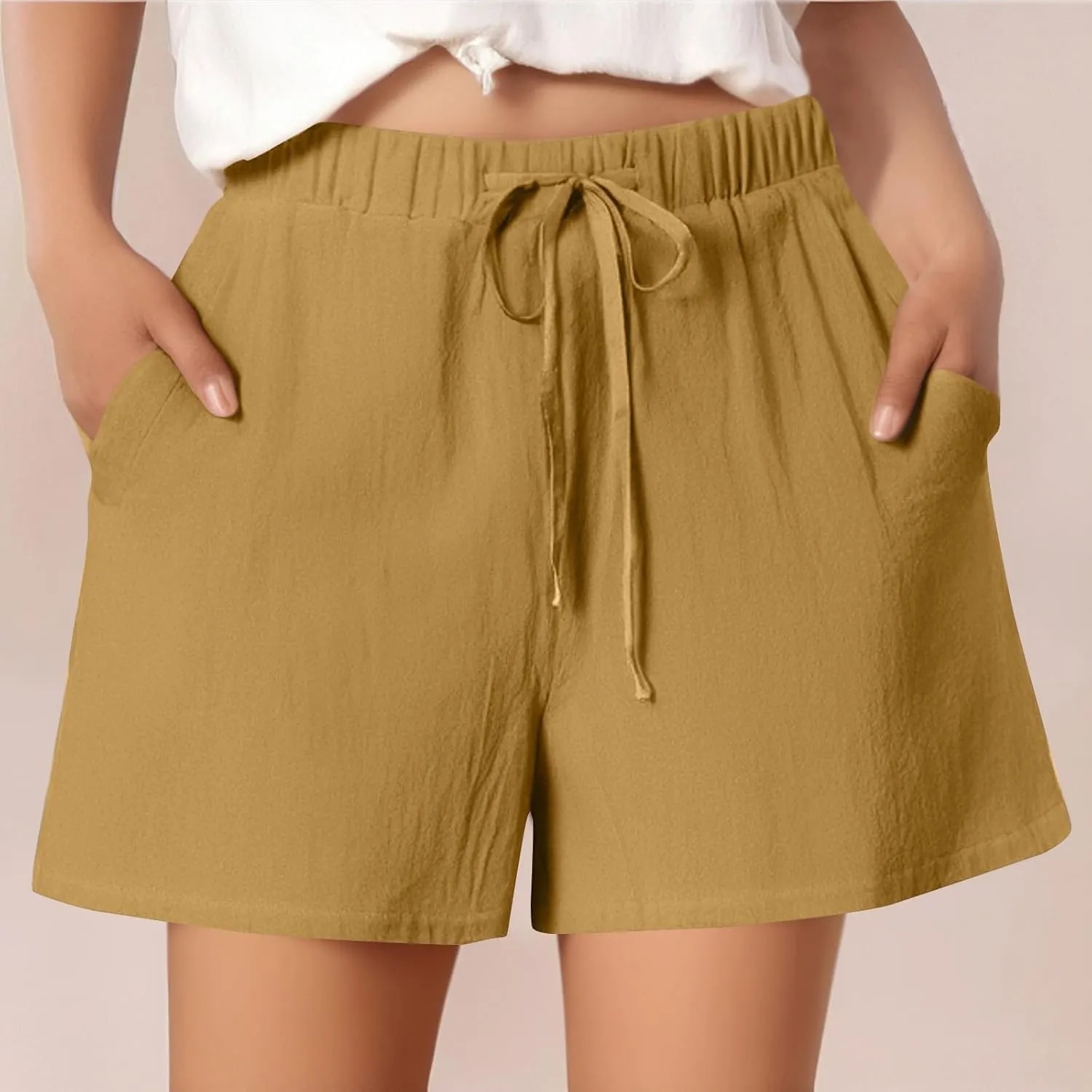 Summer Shorts for Women 2025 Vacation High Rise Linen Shorts Beach Flowy Elastic Pocket Solid Dressy Casual Pants 2025