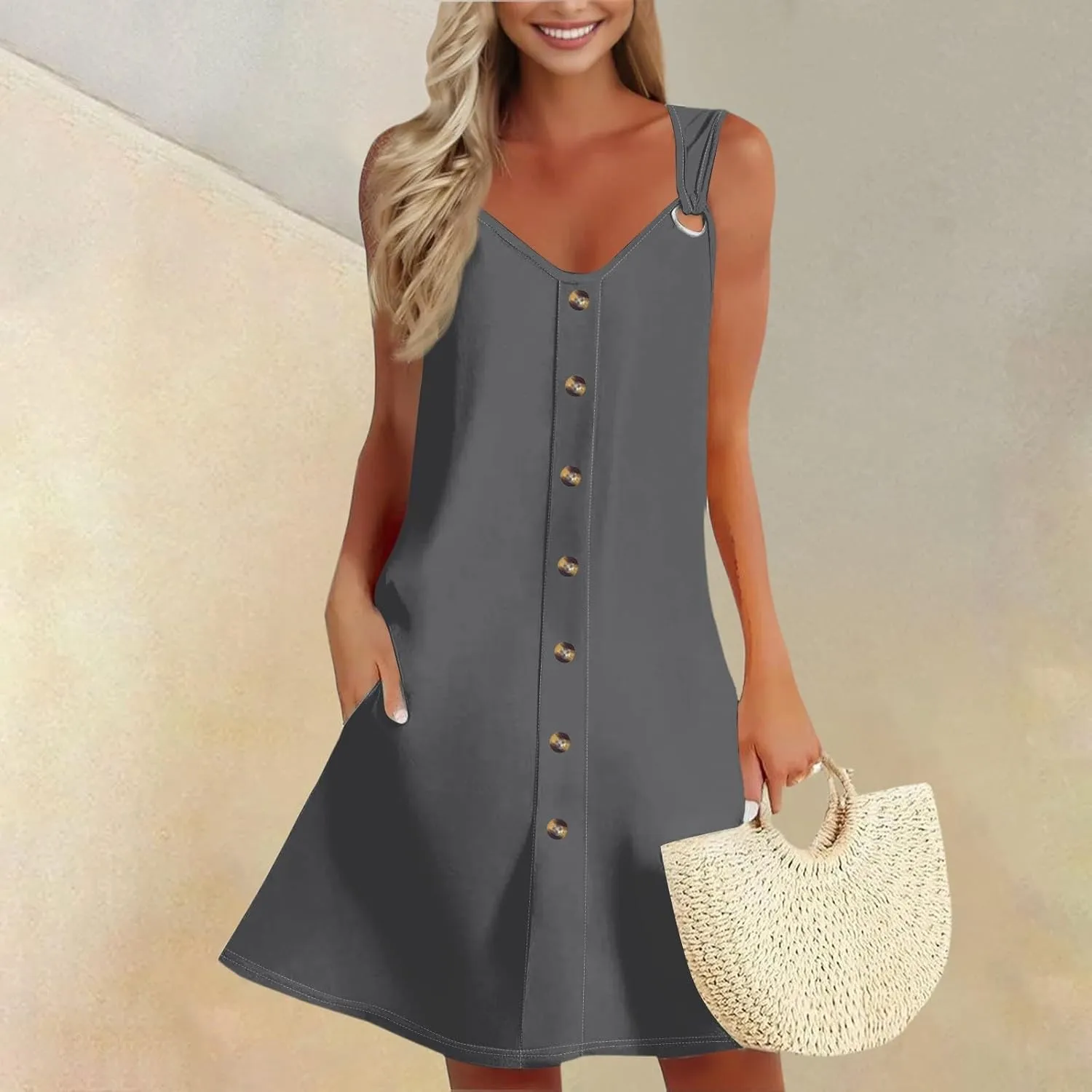 Sundresses for Women 2025 Summer Solid Button Down Sleeveless Midi Dress Loose Vacation Beach Swimsuit Coverups