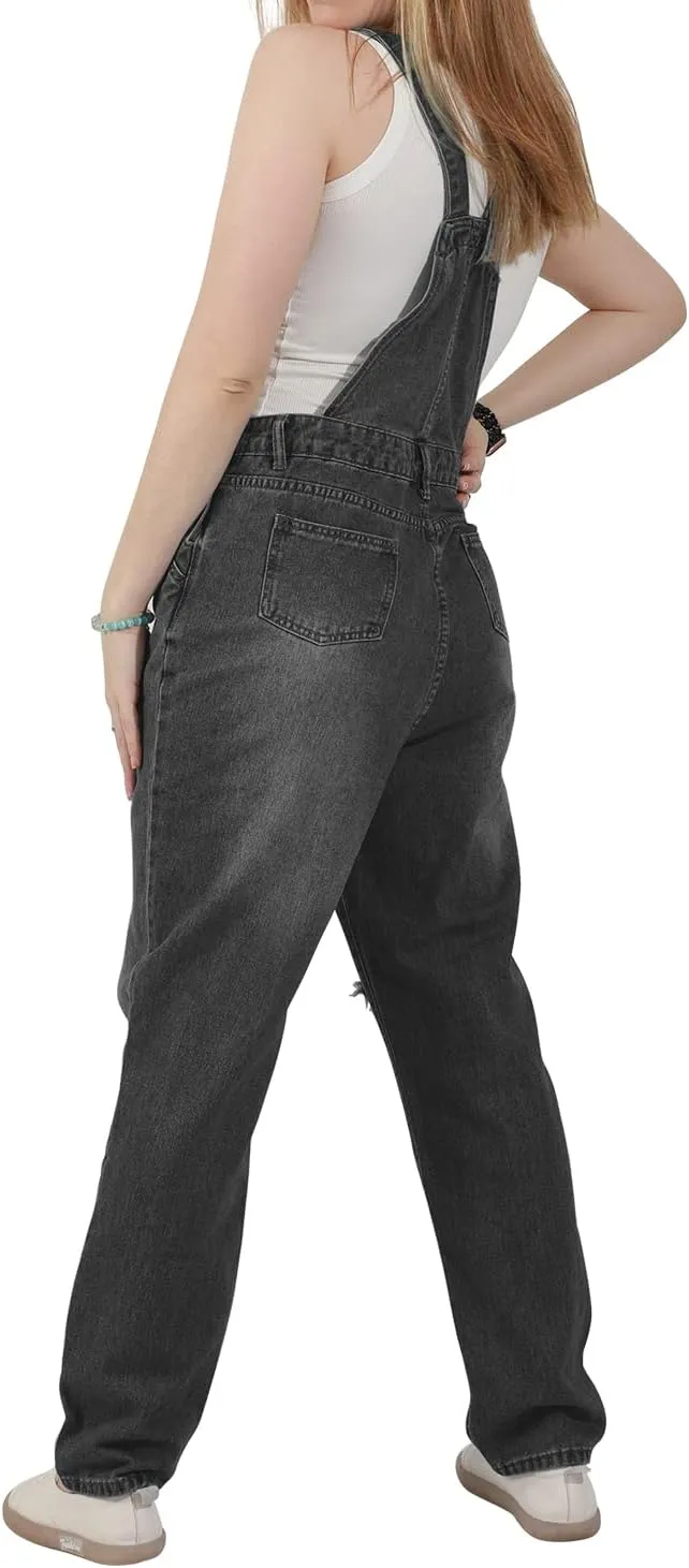 utcoco Women's Fashion Jean Bib Overalls Adjustable Straps Ripped Distressed Denim Denim Pants
