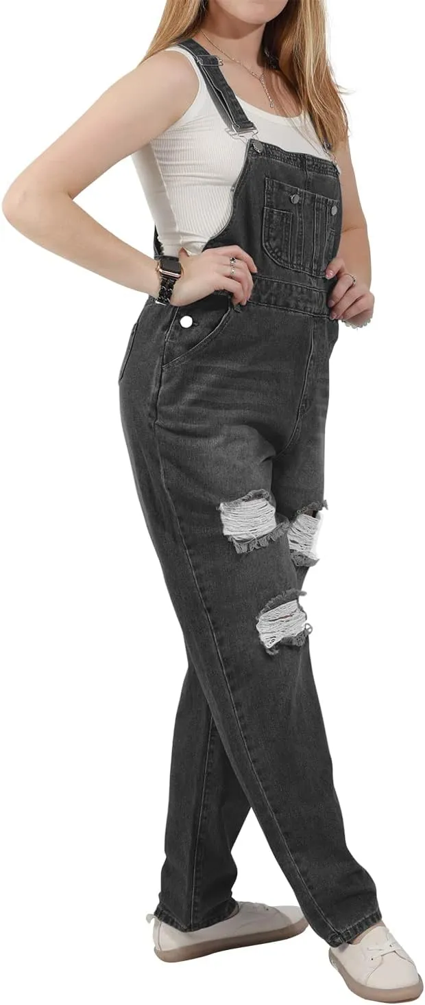 utcoco Women's Fashion Jean Bib Overalls Adjustable Straps Ripped Distressed Denim Denim Pants