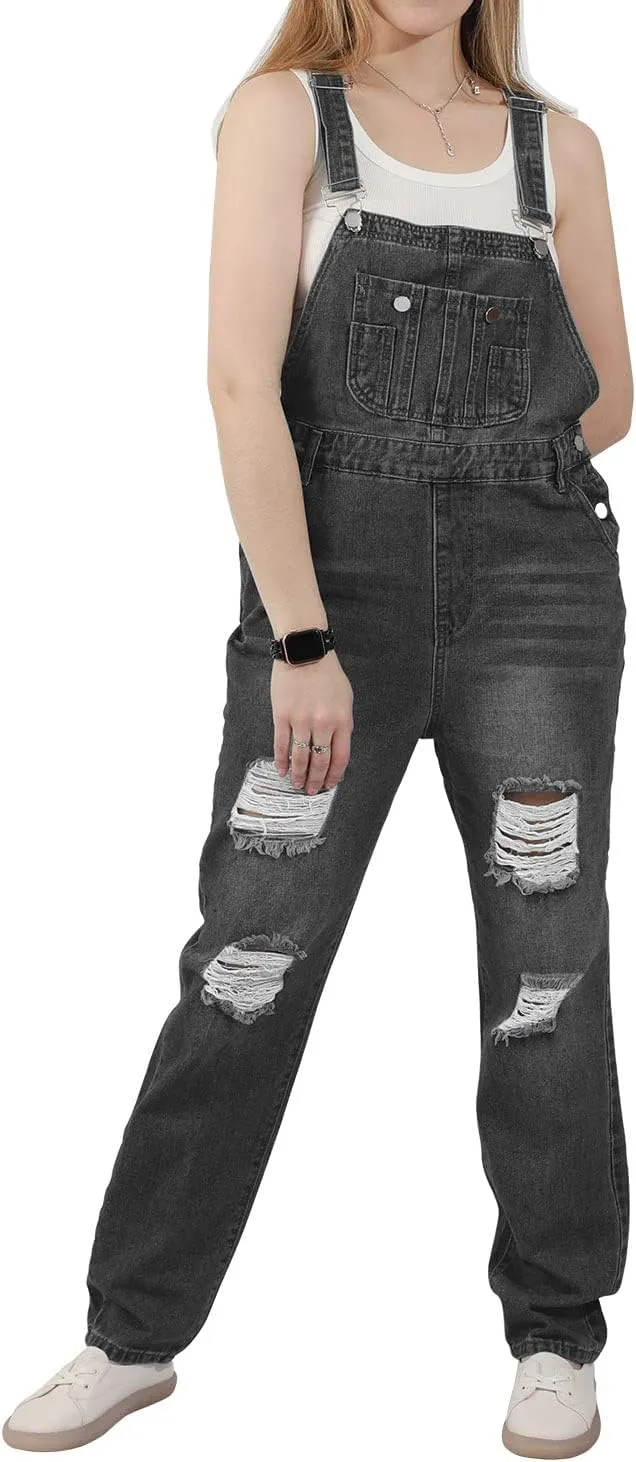 utcoco Women's Fashion Jean Bib Overalls Adjustable Straps Ripped Distressed Denim Denim Pants