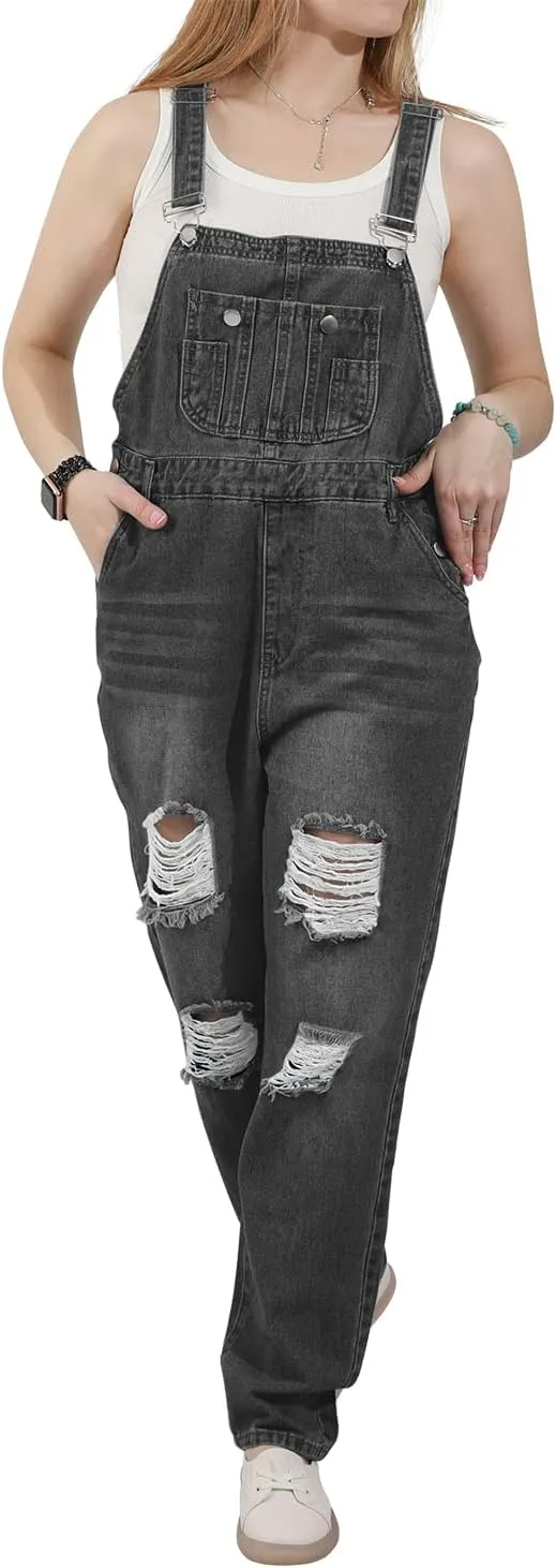 utcoco Women's Fashion Jean Bib Overalls Adjustable Straps Ripped Distressed Denim Denim Pants