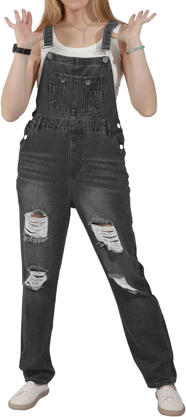 utcoco Women's Fashion Jean Bib Overalls Adjustable Straps Ripped Distressed Denim Denim Pants
