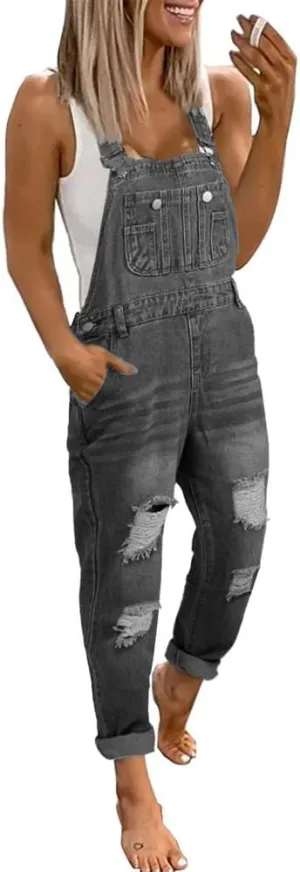 utcoco Women's Fashion Jean Bib Overalls Adjustable Straps Ripped Distressed Denim Denim Pants