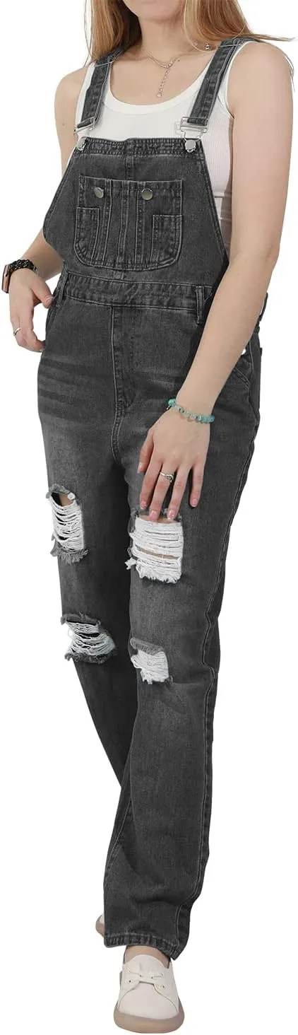utcoco Women's Fashion Jean Bib Overalls Adjustable Straps Ripped Distressed Denim Denim Pants