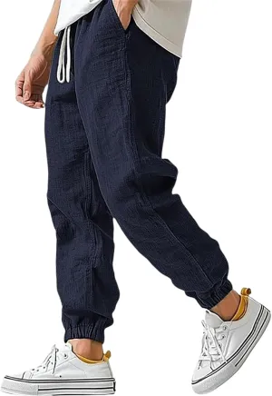 WENKOMG1 Cotton Linen Pants for Men Elastic Waist and Ankle Drawstring Baggy Style Lightweight Breathable Beach Pants