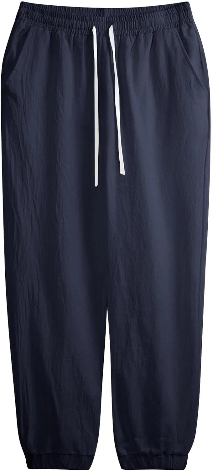 WENKOMG1 Cotton Linen Pants for Men Elastic Waist and Ankle Drawstring Baggy Style Lightweight Breathable Beach Pants