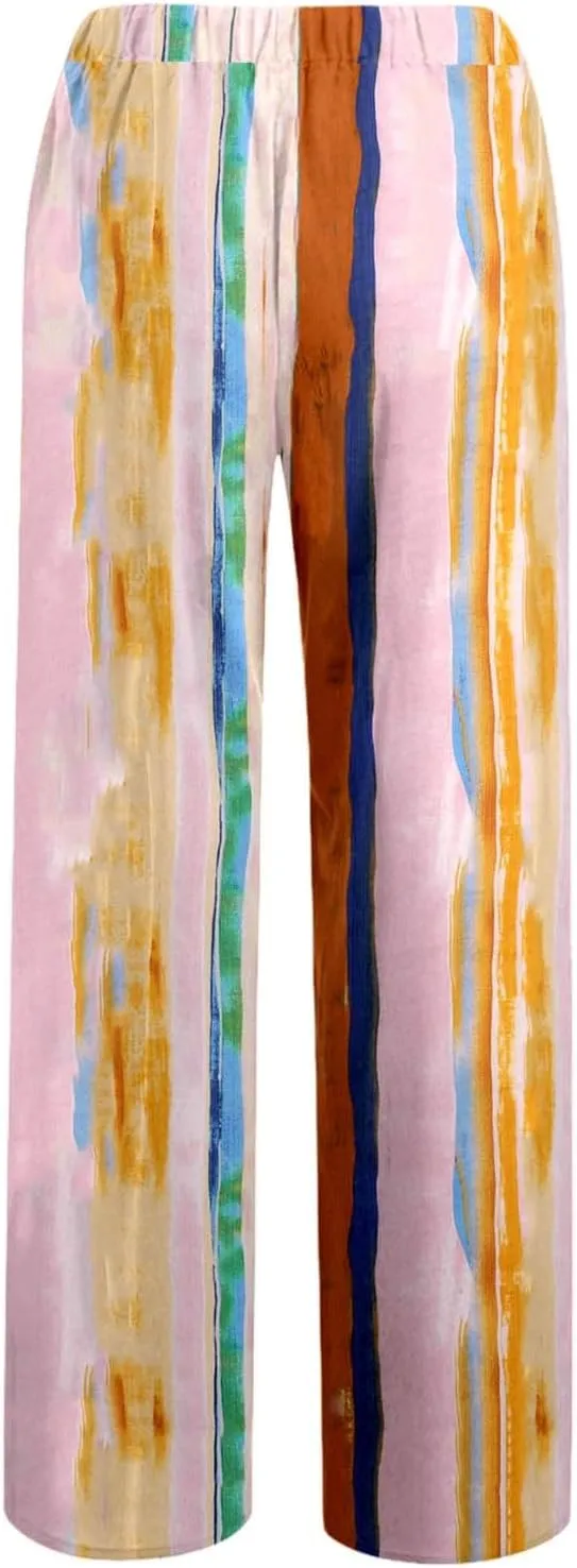 Wide Leg Linen Pants for Women Summer Boho Floral Print High Waisted Palazzo Pants Lounge Beach Trousers with Pockets