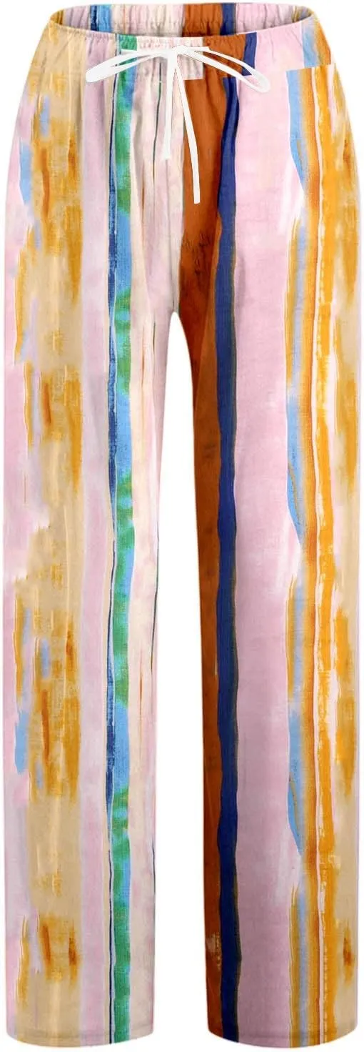 Wide Leg Linen Pants for Women Summer Boho Floral Print High Waisted Palazzo Pants Lounge Beach Trousers with Pockets