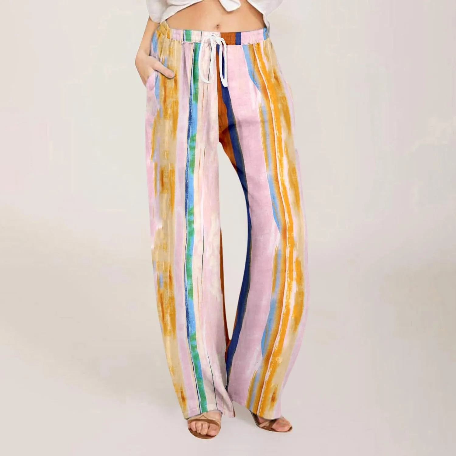 Wide Leg Linen Pants for Women Summer Boho Floral Print High Waisted Palazzo Pants Lounge Beach Trousers with Pockets