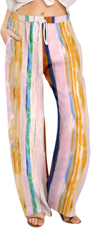 Wide Leg Linen Pants for Women Summer Boho Floral Print High Waisted Palazzo Pants Lounge Beach Trousers with Pockets