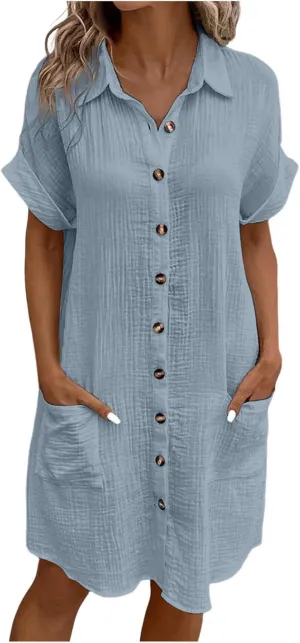 Womens Cotton Linen Shirt Dresses 2025 Summer Short Sleeve Button Down Midi Dress Knee Length Beach Dress with Pockets