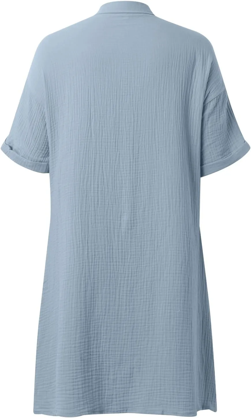 Womens Cotton Linen Shirt Dresses 2025 Summer Short Sleeve Button Down Midi Dress Knee Length Beach Dress with Pockets
