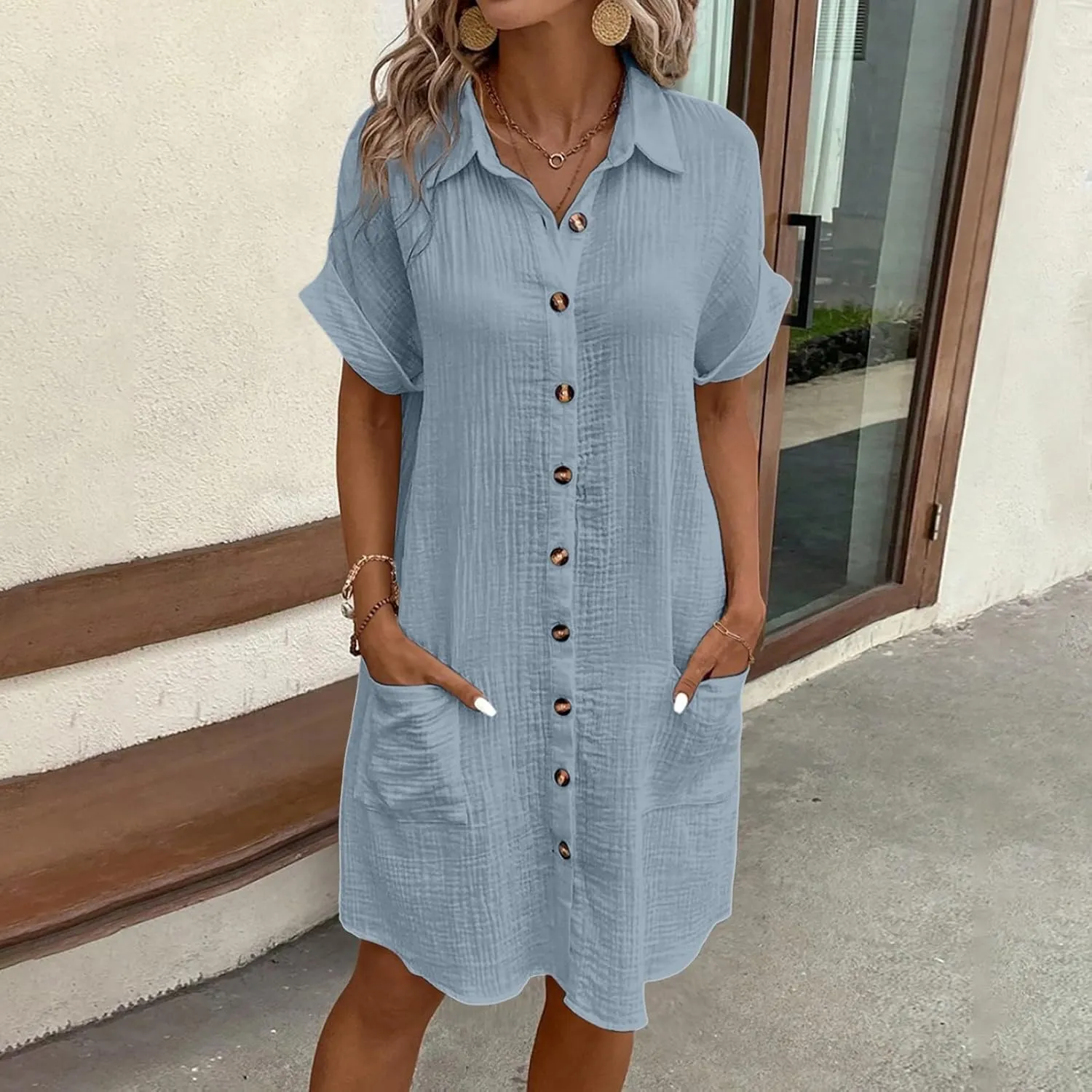 Womens Cotton Linen Shirt Dresses 2025 Summer Short Sleeve Button Down Midi Dress Knee Length Beach Dress with Pockets