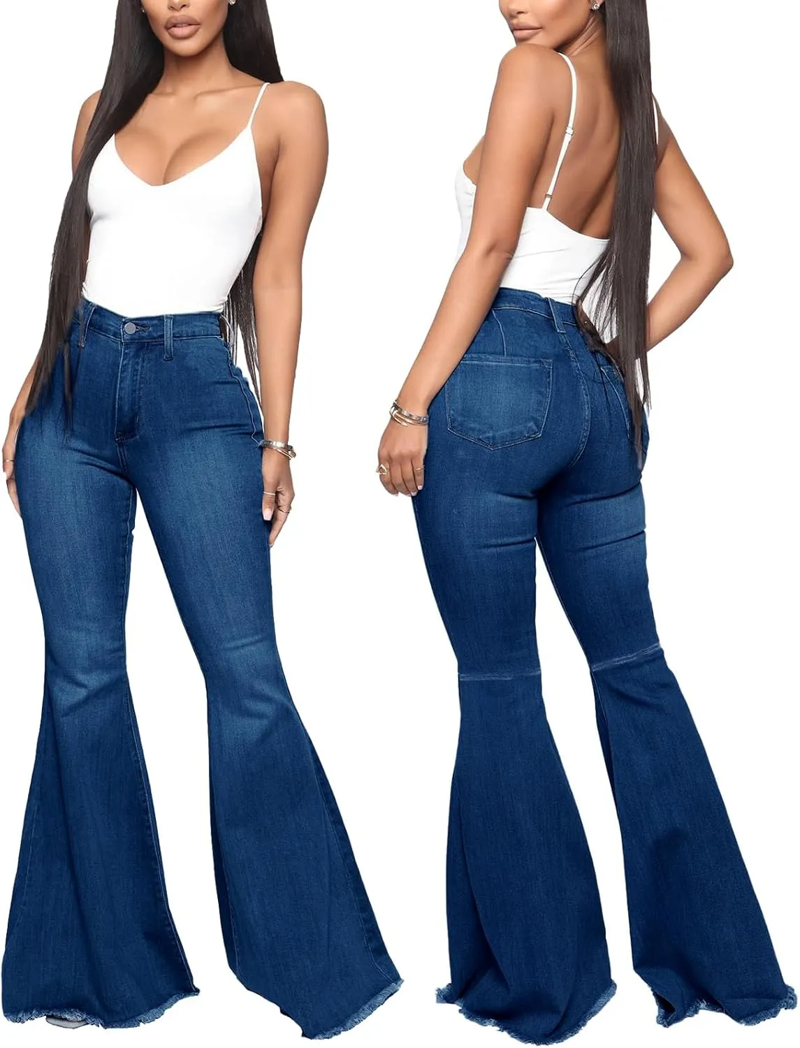 Women's Elastic Ripped Hole Classic Denim Bell Bottom Jeans