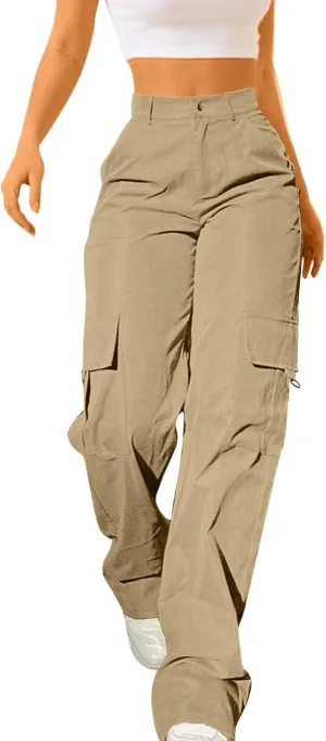 Women's High Waisted Cargo Pants Travel Y2K Streetwear Baggy Stretchy Pants with 4 Pockets Straight Leg Trousers