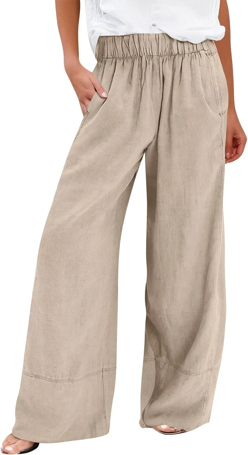 Womens Linen Pants Summer Wide Leg Pants High Waisted Flowy Palazzo Pant Boho Cotton Linen Beach Pants 2025