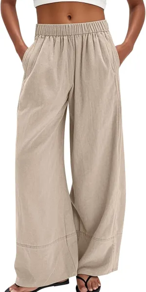 Womens Linen Pants Summer Wide Leg Pants High Waisted Flowy Palazzo Pant Boho Cotton Linen Beach Pants 2025
