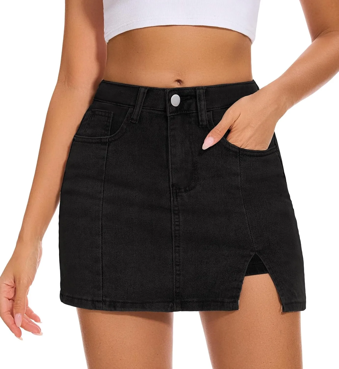 Womens Mini Skirt Side Slit Denim Skort High Waisted Denim Skirt with Shorts Underneath Mini Jean Skirt