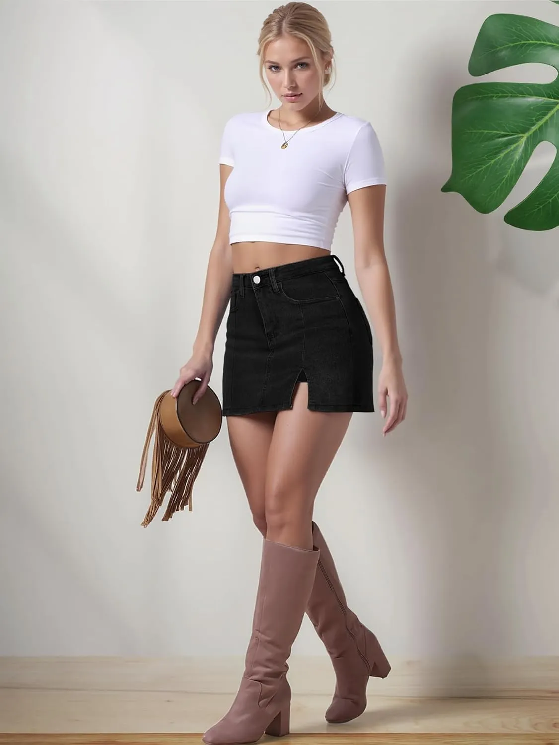 Womens Mini Skirt Side Slit Denim Skort High Waisted Denim Skirt with Shorts Underneath Mini Jean Skirt