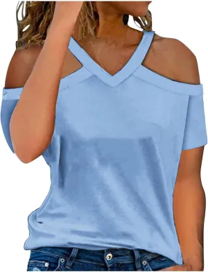 Womens Summer Cold Shoulder Tshirts Casual V Neck Tops Short Sleeve Loose Fit Blouse Trendy Solid Clothing 2025